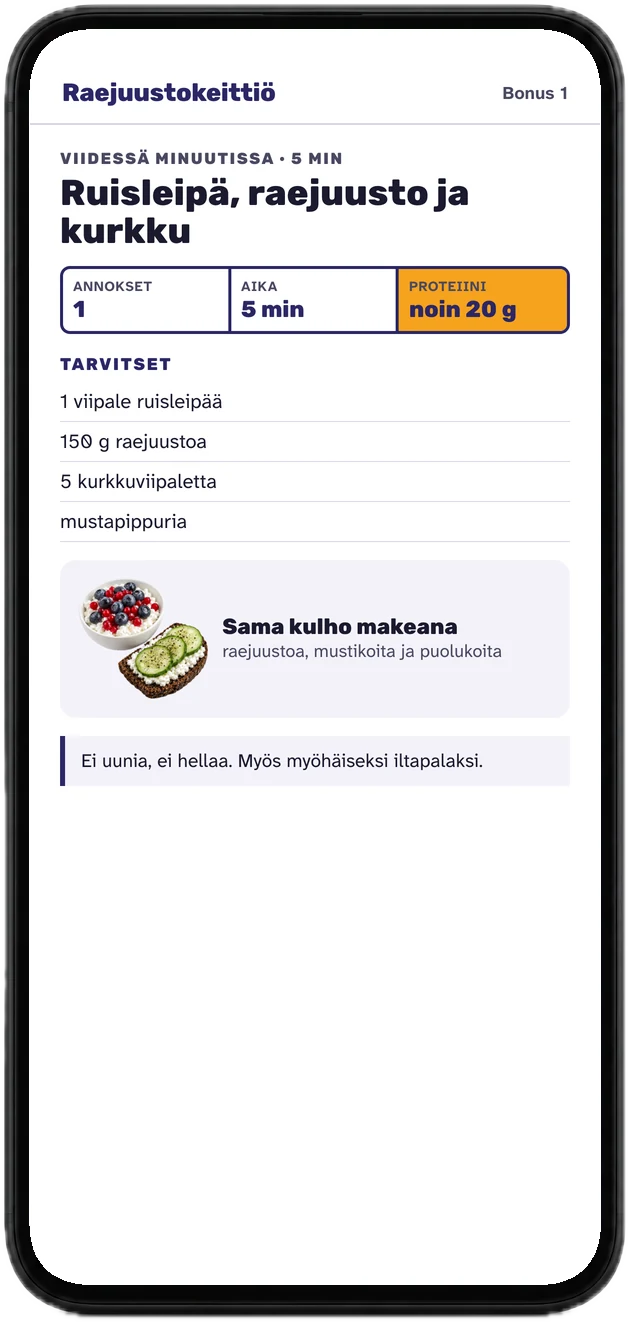 Välipalaresepti puhelimessa: ruisleipä, raejuusto ja kurkku, 5 minuuttia