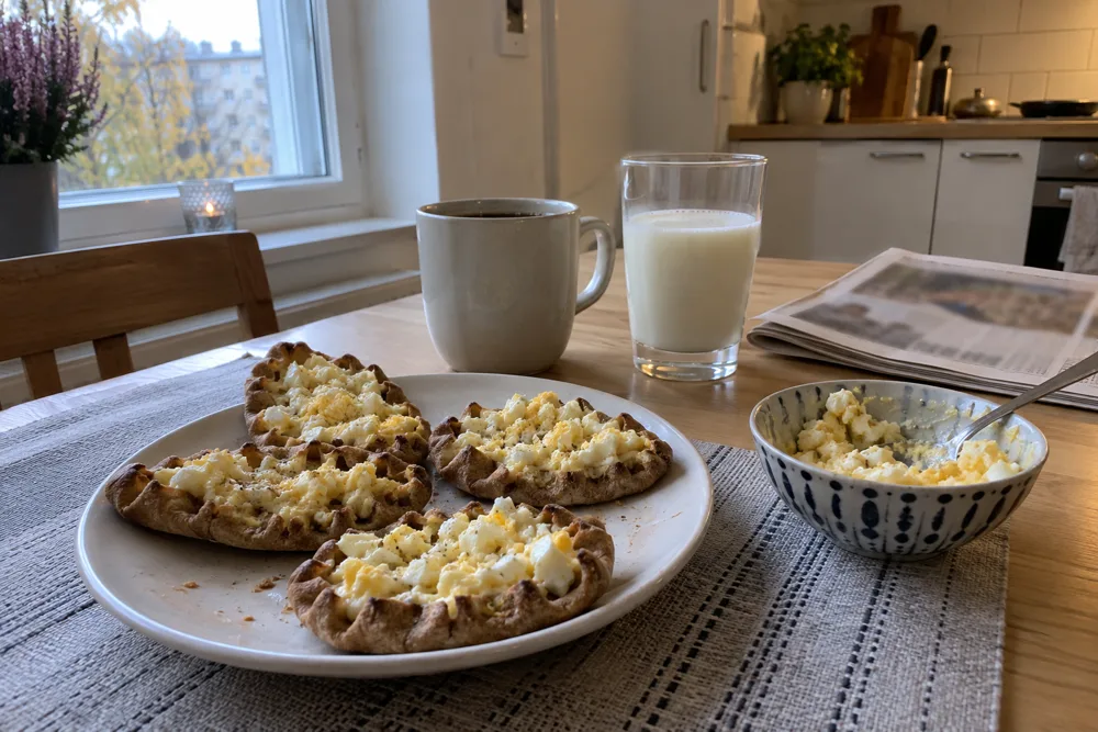 Arkiaamiainen ikkunan ääressä: karjalanpiirakoita munavoin kanssa, kahvia ja maitoa