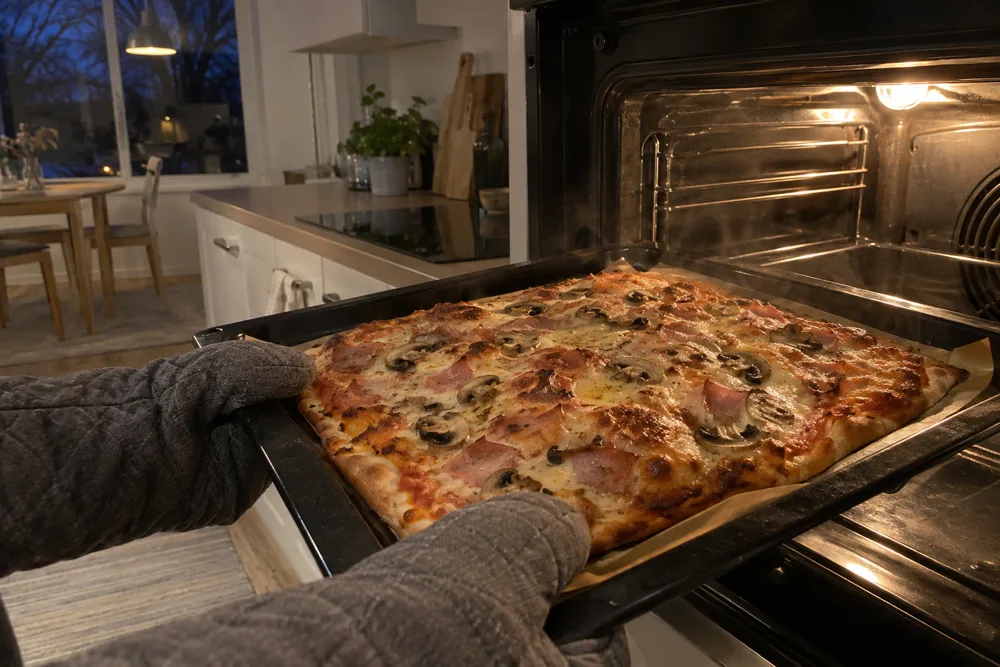 Pellillinen kotipizzaa nostetaan uunista syysiltana